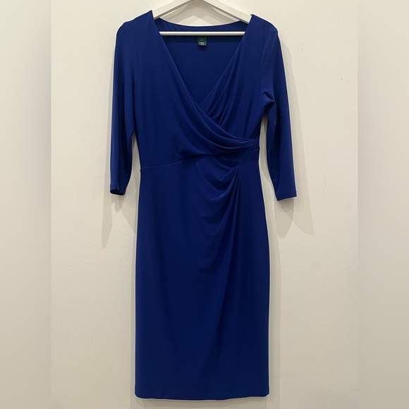 Lauren by Ralph Lauren Royal Blue Sheath Dress 3/4 Sleeves Ruched & lined Size 6 - Picture 1 of 7